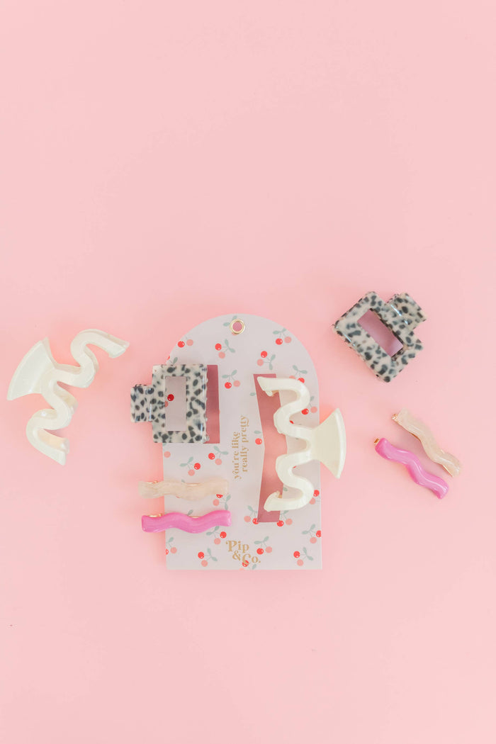 Cherry Picked - Pink Barrettes & Leopard Wavy Hair Clip Set