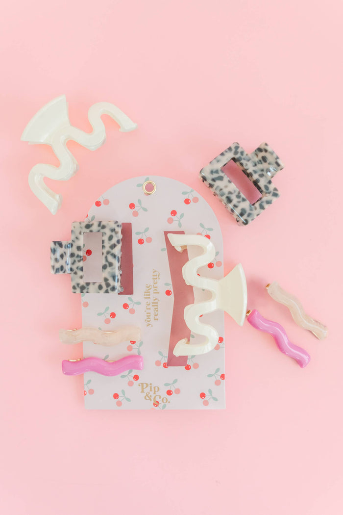Cherry Picked - Pink Barrettes & Leopard Wavy Hair Clip Set