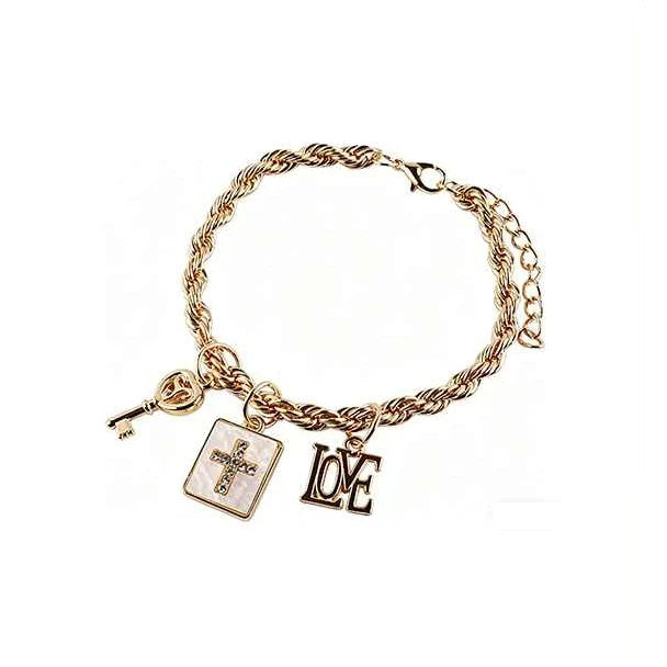 Chic Twisted Rope Chain Charm Bracelet – Cross, Key & "LOVE" Letter Charms (IBR-3872)