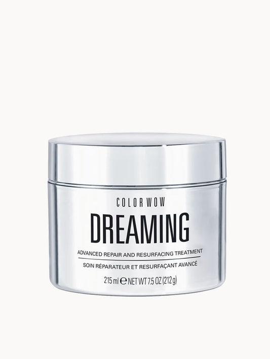 Color Wow Dreaming Advance Repair and Resurfacing Treatment 215ml hair care product, showing a sleek white bottle with blue accents.