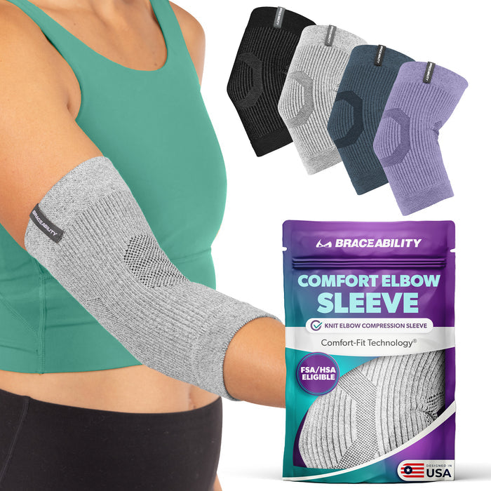 BraceAbility knit elbow compression sleeve for men and women, offering pain relief for tennis elbow, tendonitis, and golfers elbow, featuring breathable Comfort-Fit fabric and a snug, supportive fit