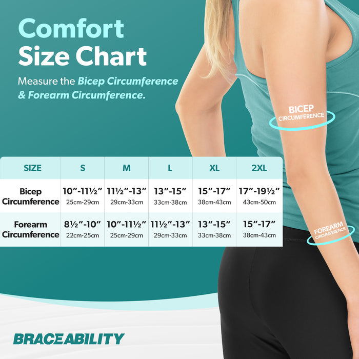 the braceability comfort elbow compression sleeve comes in 5 unique size options to fit most body types. Choose your size based on bicep circumference on the sizing chart