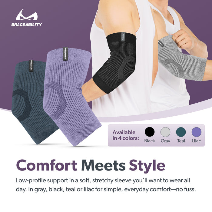 our comfortable tennis elbow sleeve comes in both gray and black for a low-profile, soft support