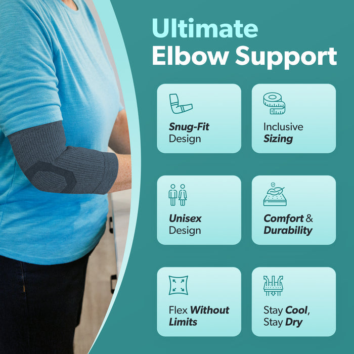 our comfort elbow sleeve is the ultimate elbow support with a snug-fit design, inclusive sizes, and a unisex design