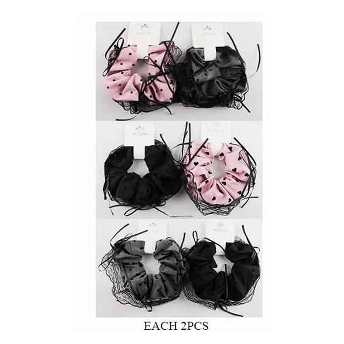 Coquette Aesthetic Heart Print Scrunchie with Lace Trim & Ribbon Bows (ITW-216)