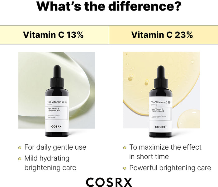 Sammenligning av COSRX Vitamin C 13% og 23% serum for daglig bruk versus kraftig pleie