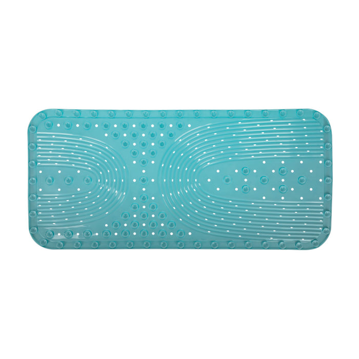 The Nuby Cushioned Bath Mat | Aqua features a rectangular, light blue design with a textured surface, small suction cups underneath, and raised patterns for grip and water drainage.