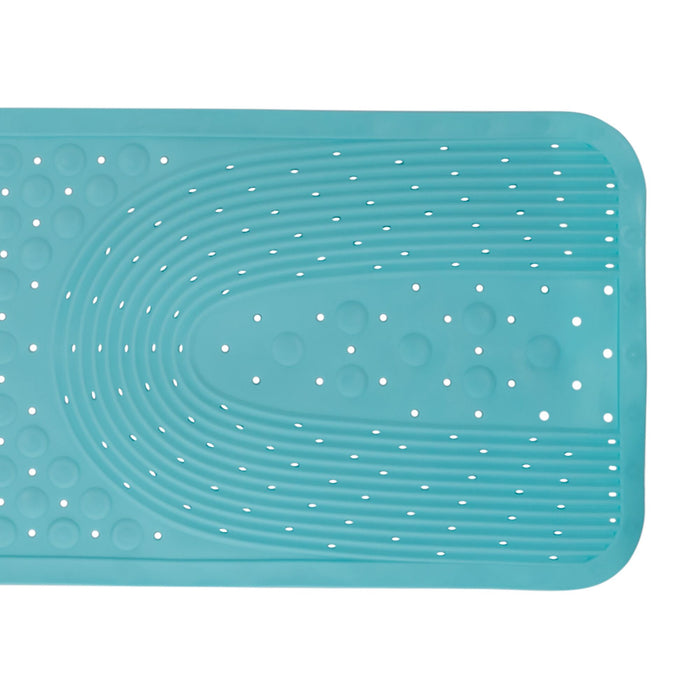 A close-up of the Nuby Cushioned Bath Mat | Aqua shows its turquoise color, circular raised patterns, and small drainage holes. This non-slip bath mat provides comfort and safety for your bathroom.