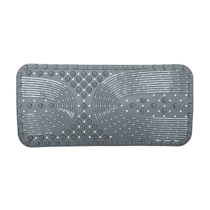 The Nuby Cushioned Bath Mat | Grey features raised textured circles and lines for grip, drainage holes, and a rectangular non-slip design, shown in a top-down view.