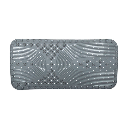The Nuby Cushioned Bath Mat | Grey features raised textured circles and lines for grip, drainage holes, and a rectangular non-slip design, shown in a top-down view.