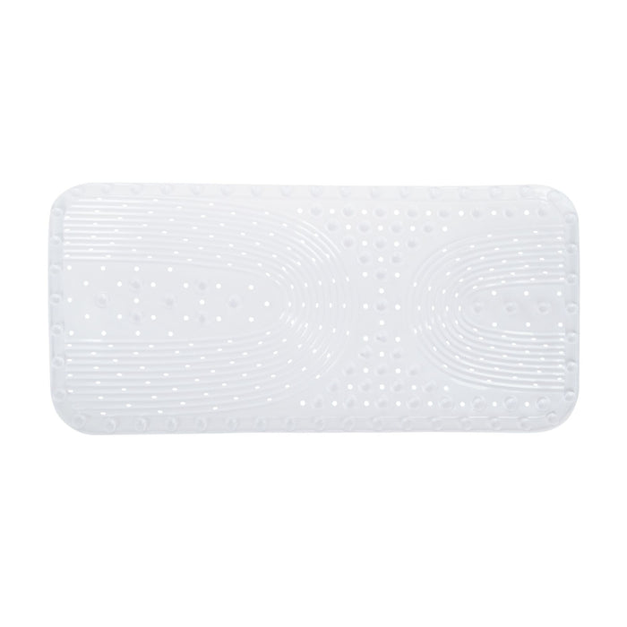 The Nuby Cushioned Bath Mat | White is a rectangular mat with rounded corners, a textured surface, and small suction cups underneath for non-slip bath safety.