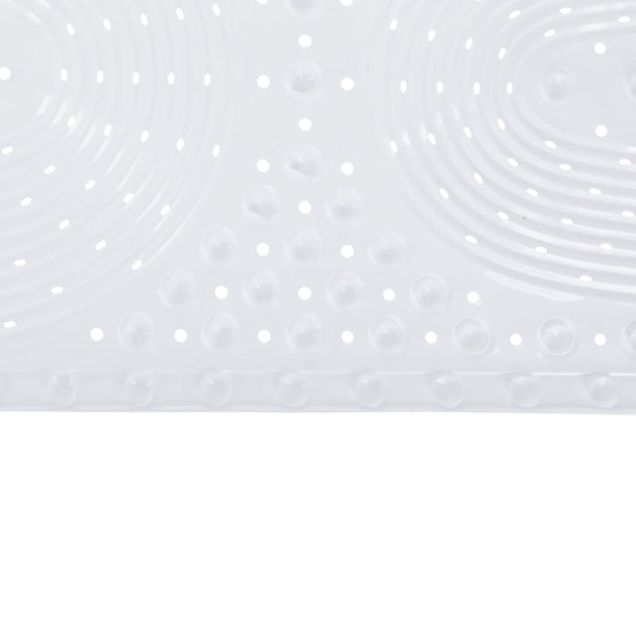 Close-up of the Nuby Cushioned Bath Mat | White, featuring raised circular bumps and small holes for grip and drainage. This non-slip mat enhances baby bath safety, making it perfect for use in baths or showers.