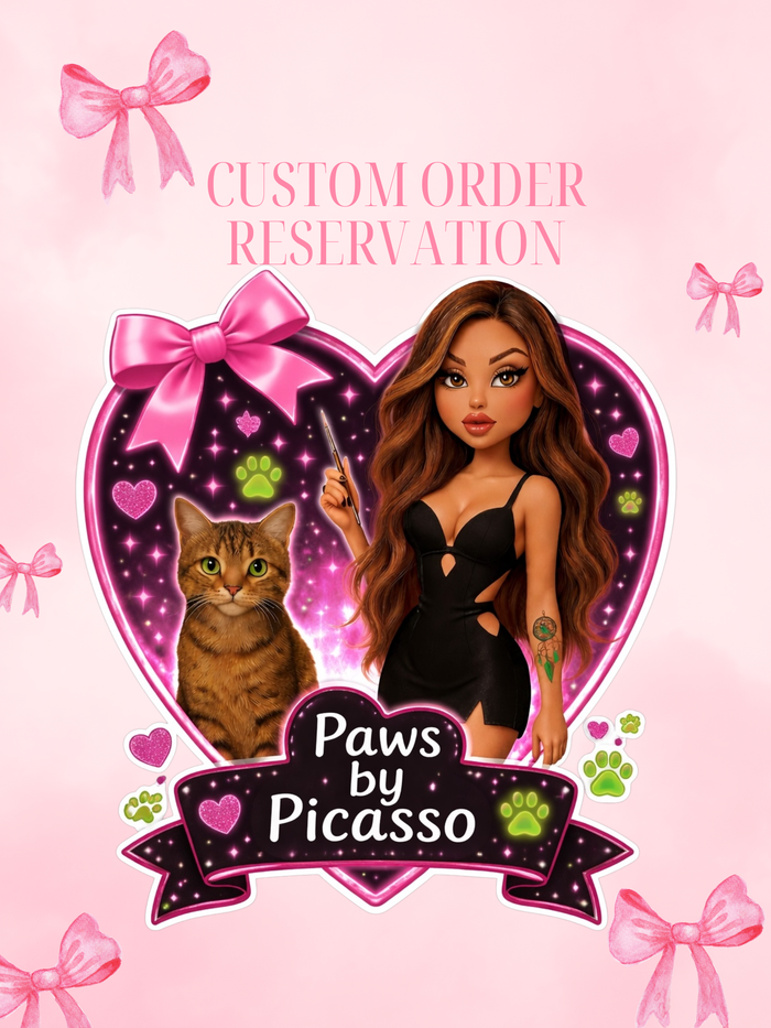 Card for custom order with a cartoon woman and cat, branded 'Paws by Picasso', on a pink background.