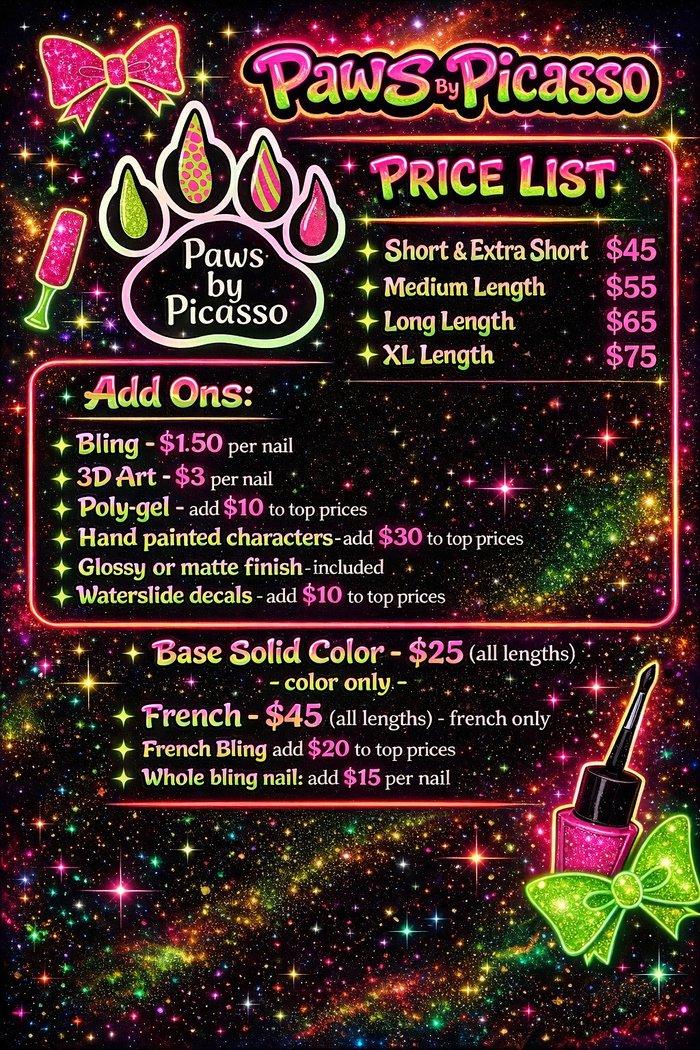 Price list for Paws By Picasso nail services with colorful background