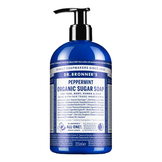 Dr. Bronner's mørkeblå peppermynte økologisk sukkersåpe i 355ml flaske