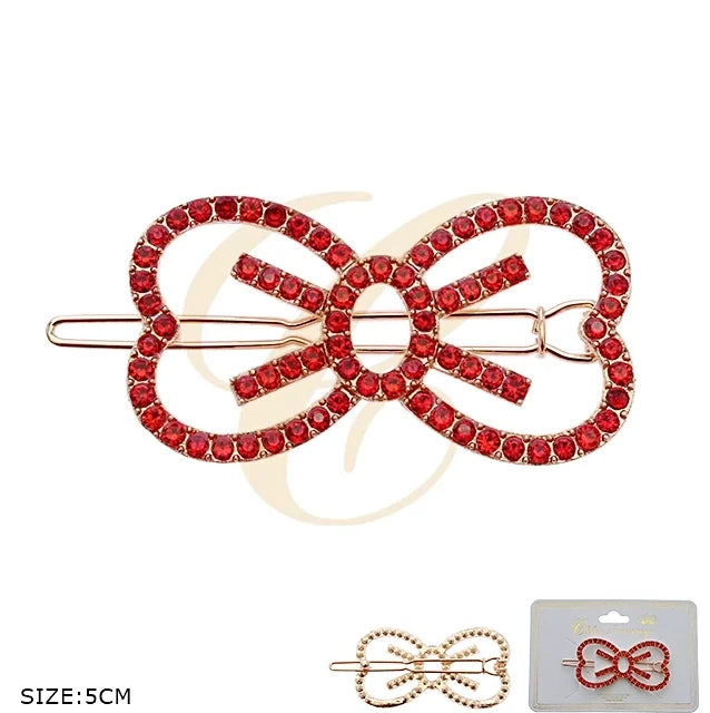 Elegant Crystal Bow Heart Hair Clip - Sparkling Rhinestone Bobby Pin (ROP-0058R3)