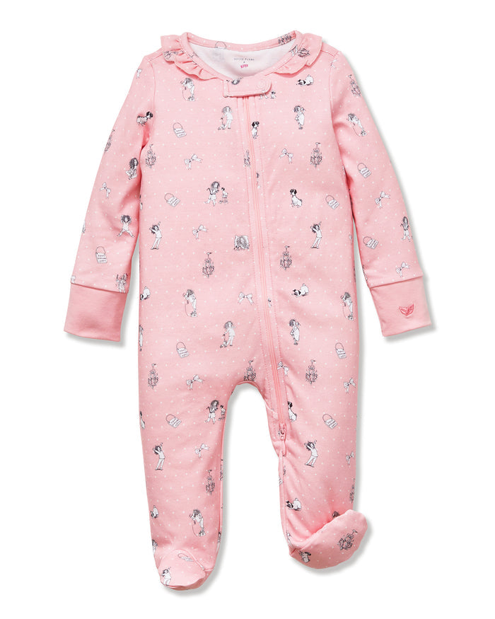 Eloise Adventures pink baby romper front view on white background
