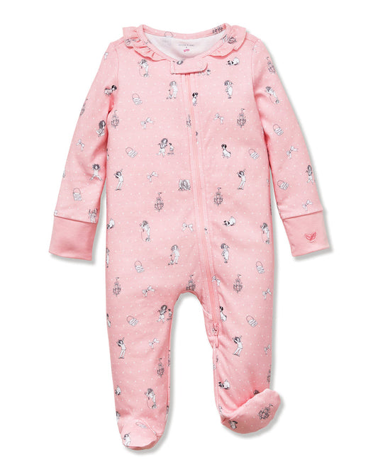 Eloise Adventures pink baby romper front view on white background