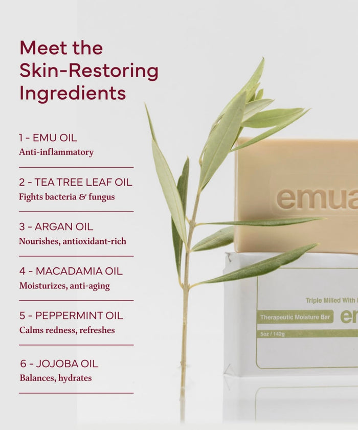 Product packaging with skin-restoring ingredients list on a light background