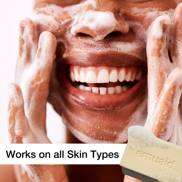 smiling face washing with soap works on all skin types