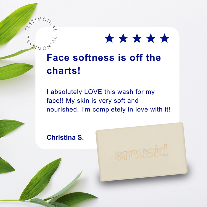 emuaid bar soap testimonial with leaves