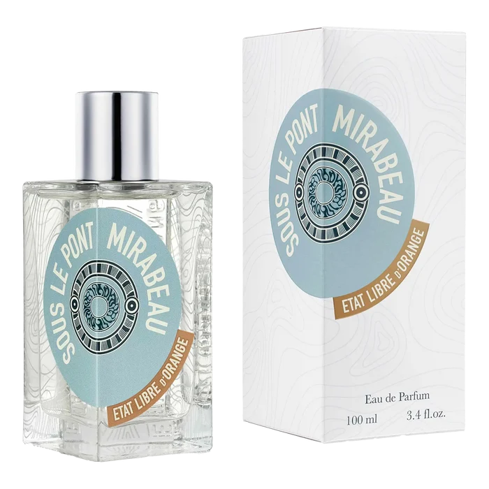 Eau de Parfum Sous le Pont Mirabeau i kvadratisk glassflaske med sølvkork og hvit kartong