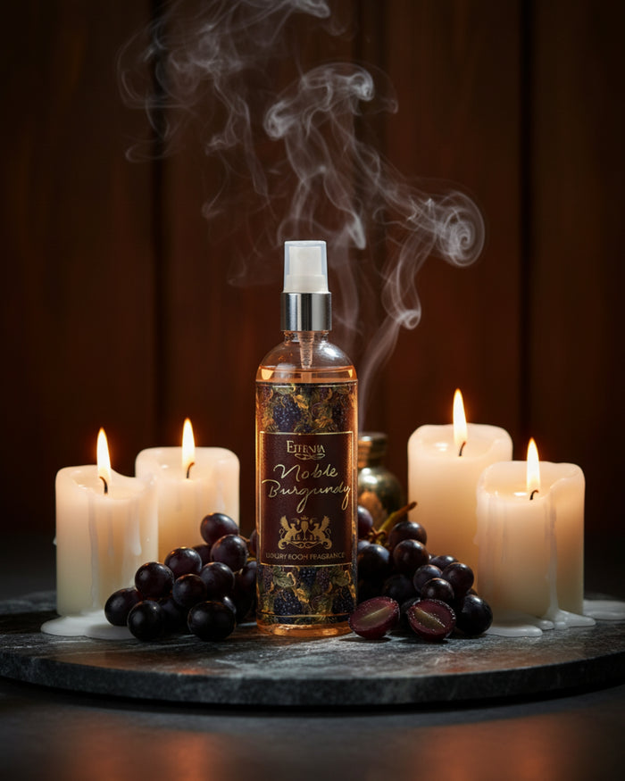 Eternia Noble Burgundy room spray bottle with visible vapor mist and ornate label.