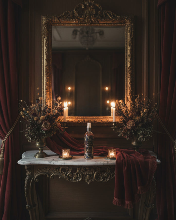 Eternia Noble Burgundy room spray bottle on a table with reflective label details.