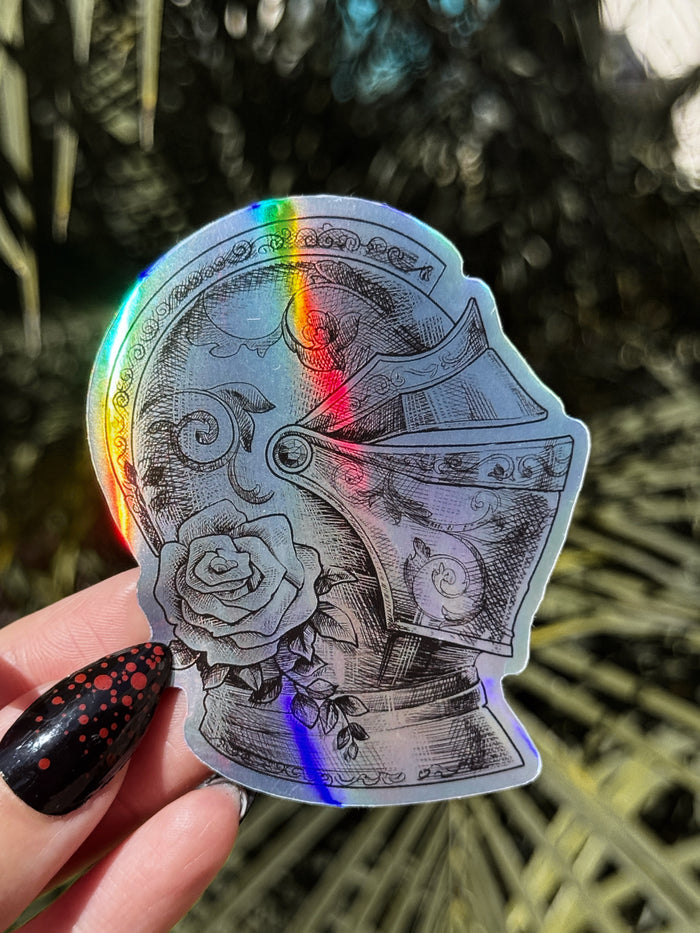 Medieval helmet sticker with floral artwork