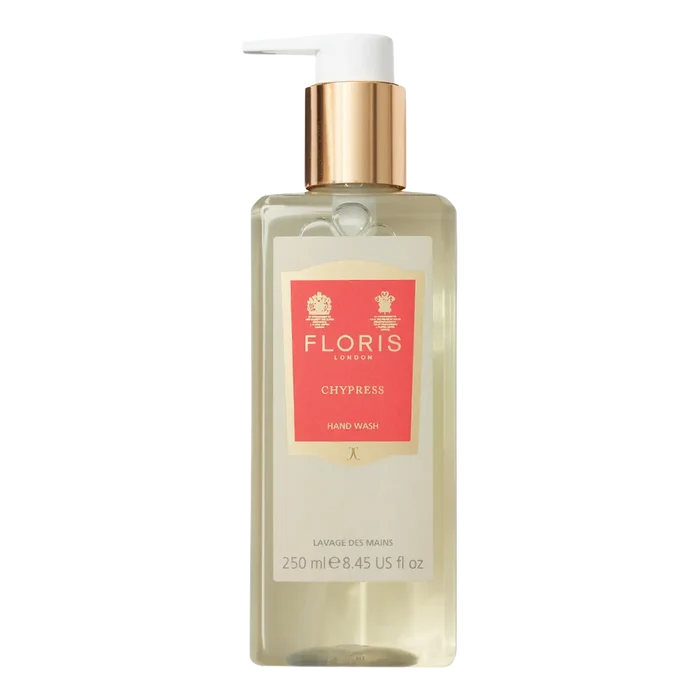 Floris London Chypress håndsåpe i 250 ml med gyllen væske og rød etikett