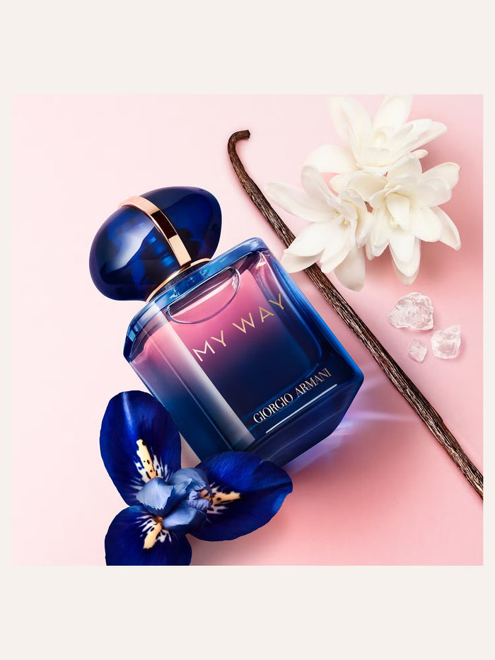 Giorgio Armani My Way 30ml EDP perfume spray showing elegant bottle with floral design and gold accents.