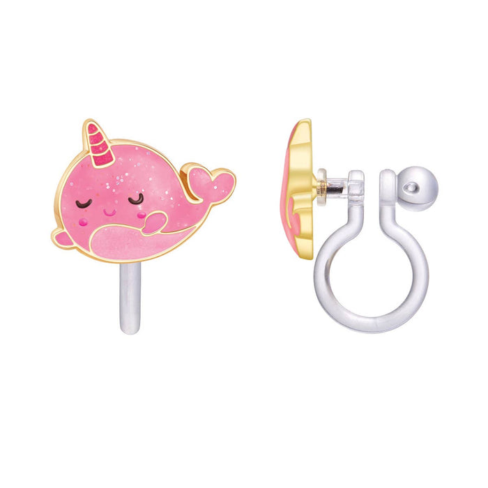Girl Nation Clip-On Cutie Earrings - Glitter Pink Narwhal