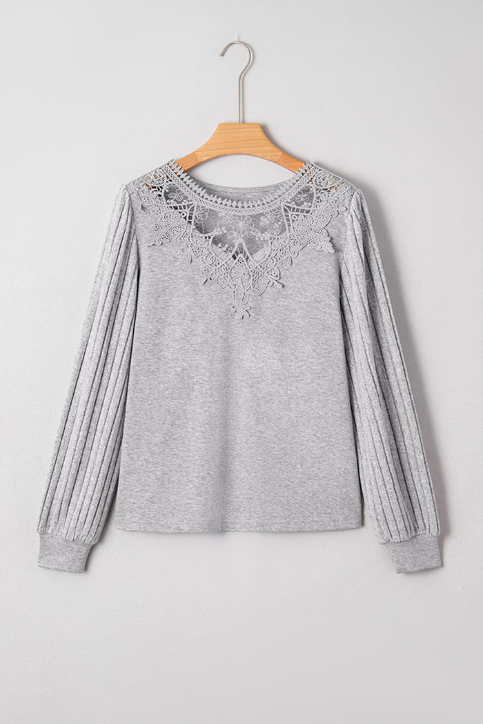 Gray Hollowed Lace Ribbed Knit Long Sleeve Patchwork Top