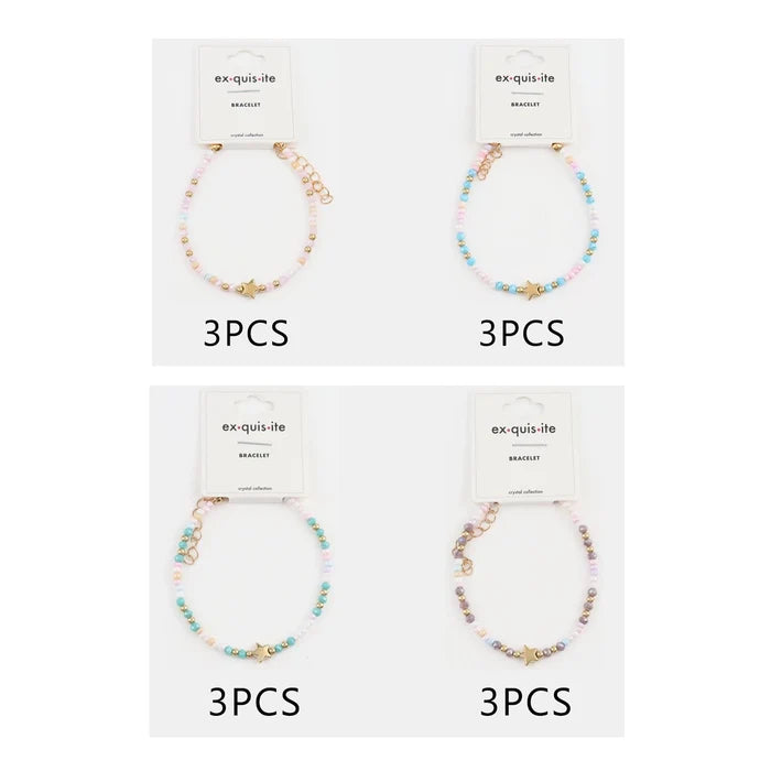 Handmade Glass Bead Charm Bracelets Bulk Pack 12pcs – Dainty Gold Star Pendant Beaded Jewelry Set for Women, Wholesale Fashion Accessories (CB3019)