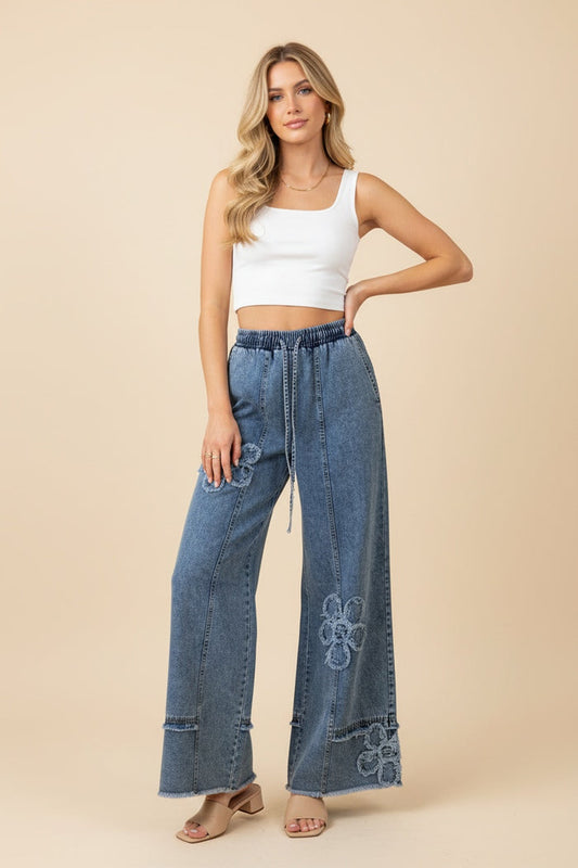 Happy Days LIGHT WASH Floral Appliqué Wide Leg Elastic Jeans