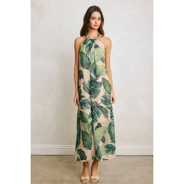 Hidden Oasis Beaded Halter Fluid Dress