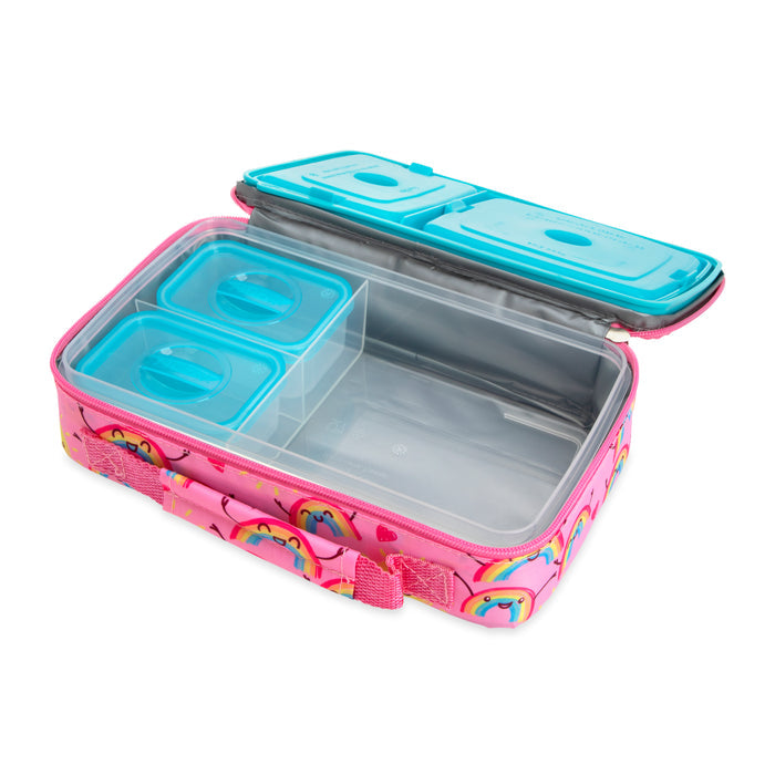 The Nuby Insulated Bento Box Lunch Box | Rainbows is a pink kids lunch box with a unicorn and rainbow print, two blue lidded containers, extra compartments, and blue storage sections under the lid—ideal as a reusable lunch container.