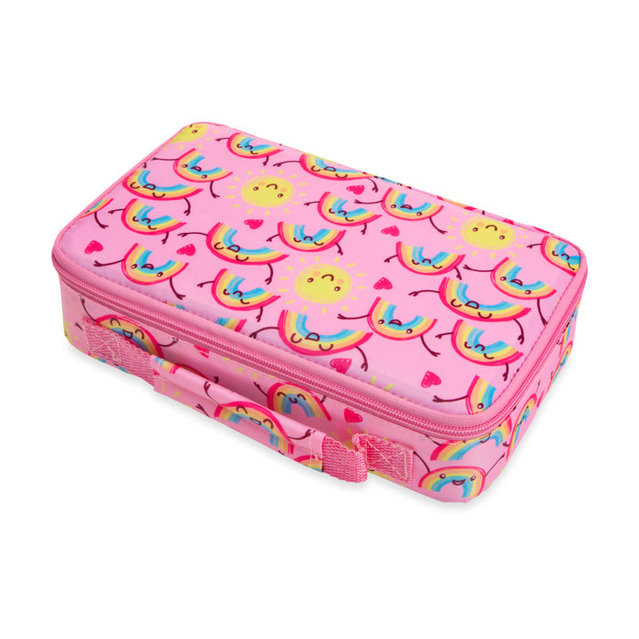 The Nuby Insulated Bento Box Lunch Box | Rainbows features a pink rectangular design with a zipper, decorated with rainbows, smiling clouds, suns, and pink hearts—ideal for pairing with your child’s school essentials.