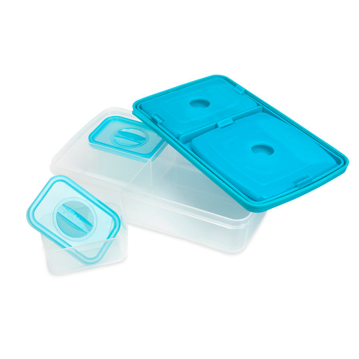 Nuby Insulated Bento Box Lunch Box | Stars includes one large and two small clear containers with blue snap-on lids, ideal as a kids lunch or bento box. All are displayed on a white background.