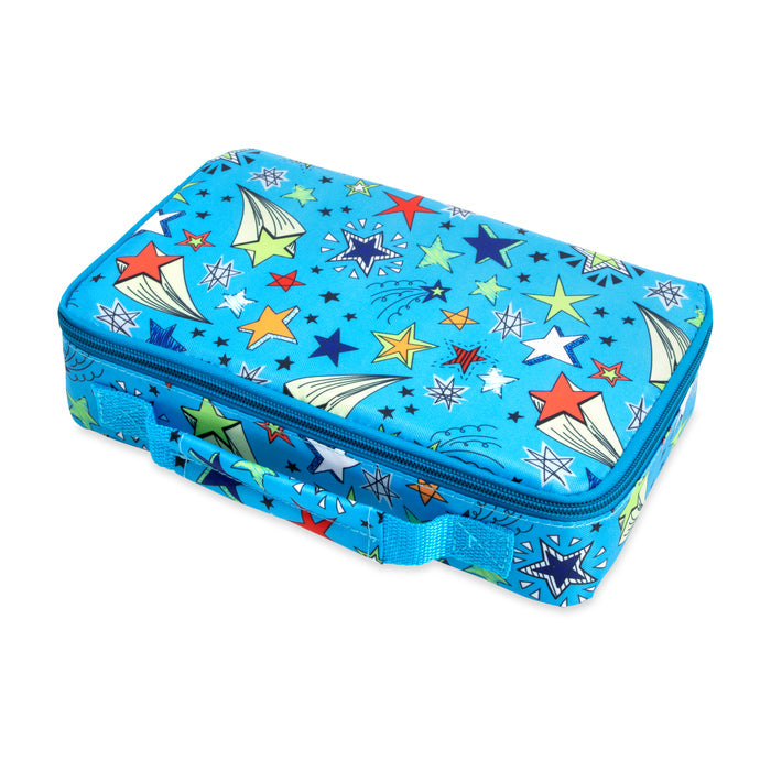 The Nuby Insulated Bento Box Lunch Box | Stars is a rectangular blue kids’ lunch box with a handle, decorated with colorful stars and sailboats. Its secure zipper keeps food fresh and organized, making mealtime fun.