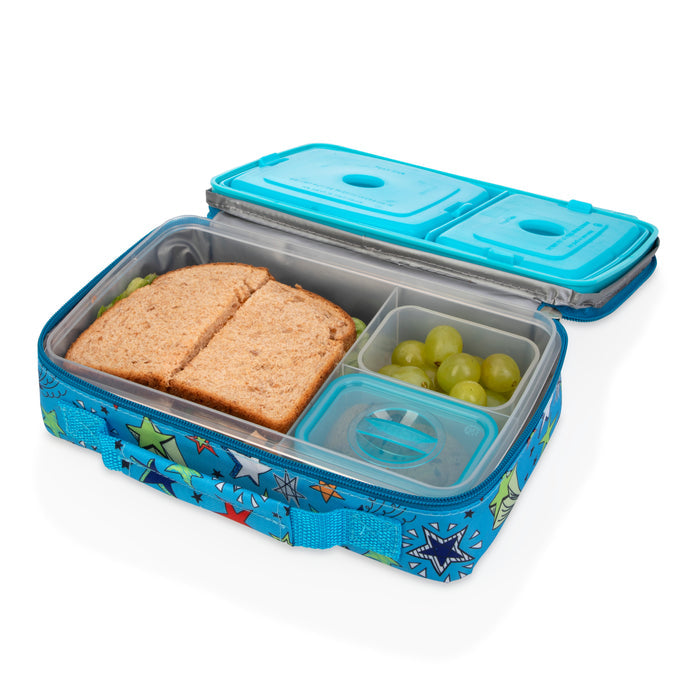 The Nuby Insulated Bento Box Lunch Box | Stars features a blue star pattern and open lid, revealing separate compartments with a wheat sandwich and green grapes inside this reusable kids lunch container.