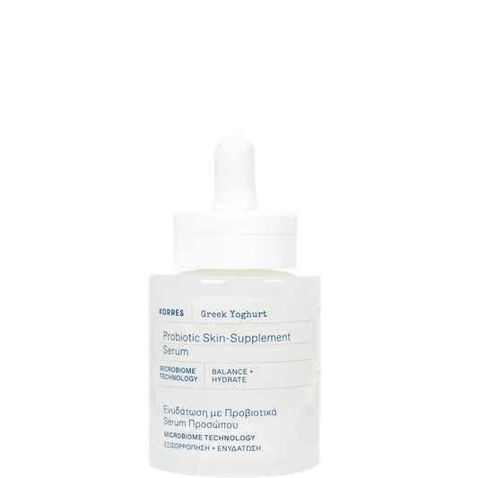 Korres Greek Yoghurt Probiotic Skin-Supplement Serum 30ml, a skincare product in a clear bottle with a white pump dispenser.