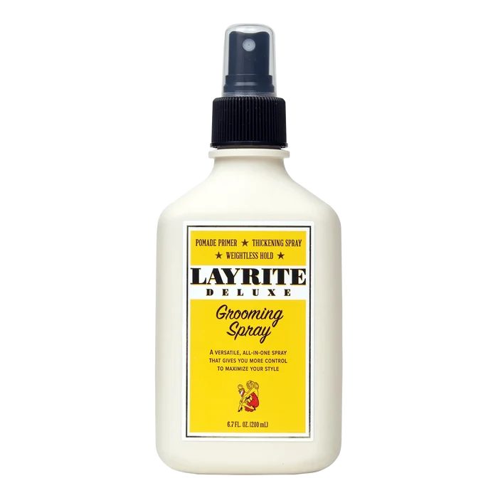 Layrite Deluxe Grooming Spray i hvit flaske med gul etikett, volumgivende teksturspray for hår