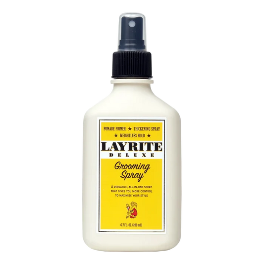 Layrite Deluxe Grooming Spray i hvit flaske med gul etikett, volumgivende teksturspray for hår