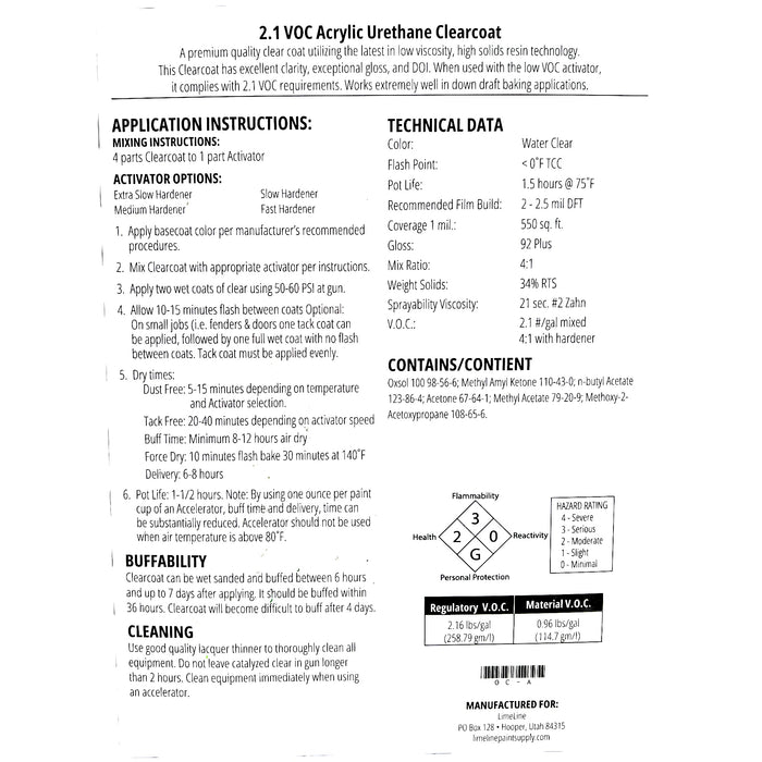 LiME LiNE 2K Clearcoat, Automotive Paint Kit with Hardener, Topcoat For Cars, Trucks and Motorcycles - 1.25 gallon Kit