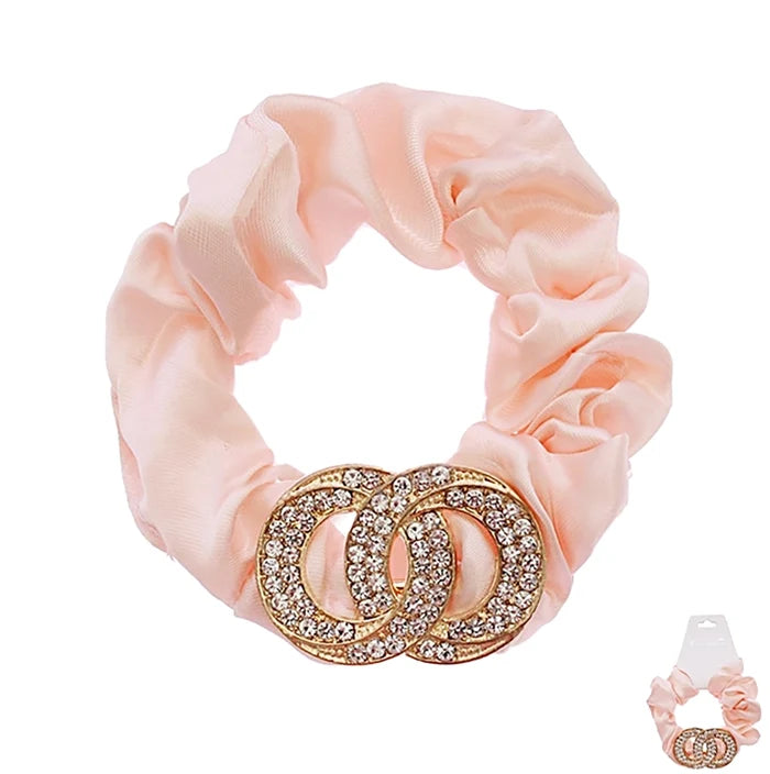 Luxe Satin Rhinestone Double-Circle Scrunchie - Elegant Hair Accessory (RHS-0182R)