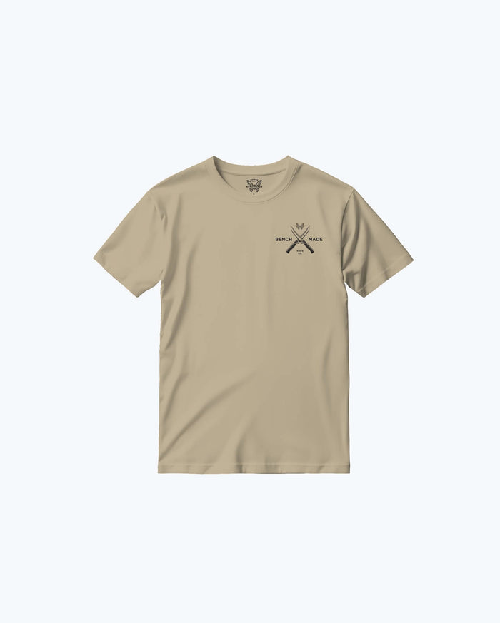 Khaki Meatcrafter SS Mens Tee - Front View with Crossed Knives Logo | Benchmade Knife Co.
