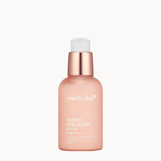 Medicube Triple Collagen Serum 4.0 face serum in 55ml bottle, showcasing clear liquid with skincare branding.