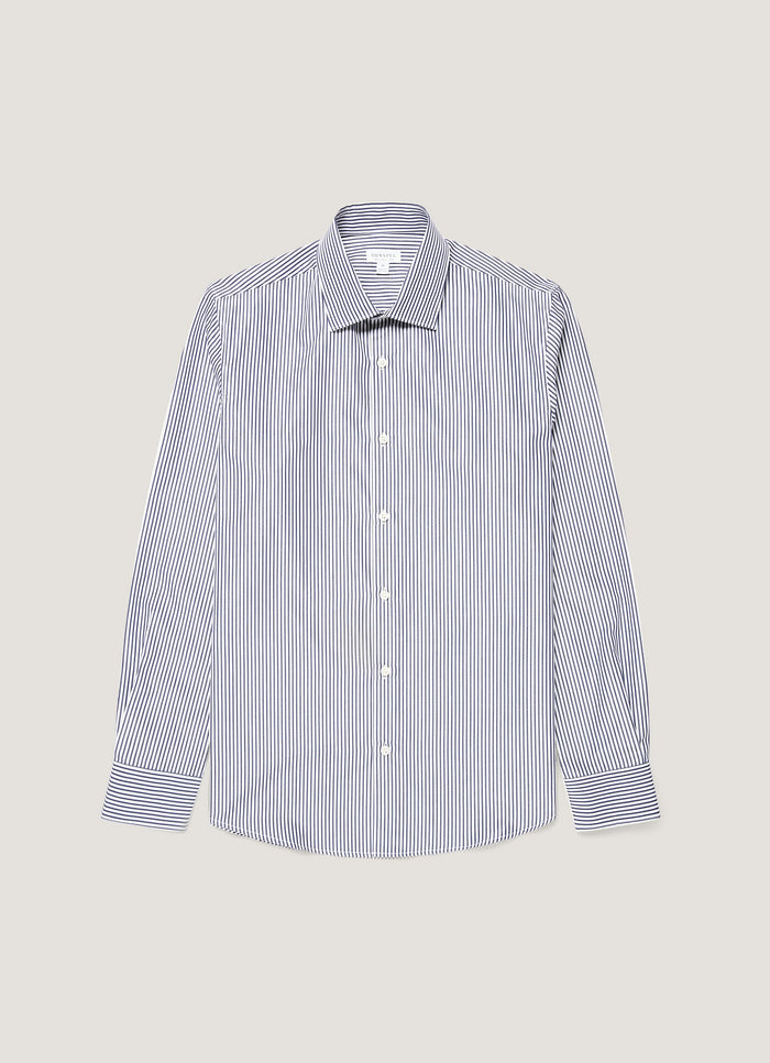 Men's Cotton Poplin Shirt in Navy Bengal Stripe