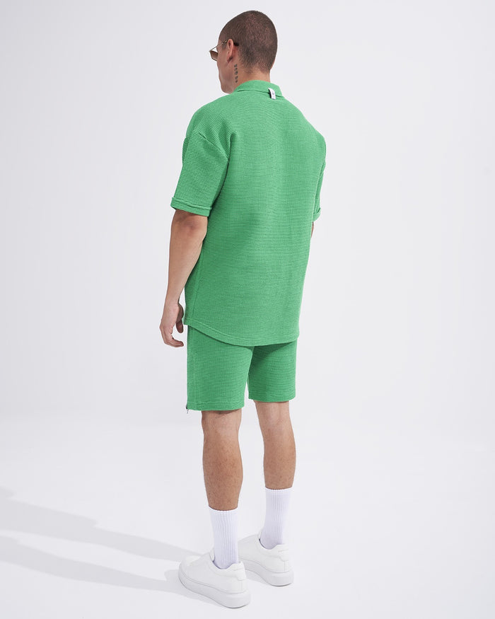 Martin Valen men's green teal waffle tracksuit, back view showing buttoned shirt and matching shorts